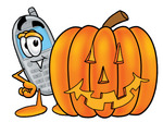 Clip Art Graphic of a Gray Cell Phone Cartoon Character With a Carved Halloween Pumpkin
