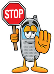 Clip Art Graphic of a Gray Cell Phone Cartoon Character Holding a Stop Sign