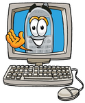Clip Art Graphic of a Gray Cell Phone Cartoon Character Waving From Inside a Computer Screen