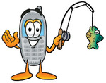 Clip Art Graphic of a Gray Cell Phone Cartoon Character Holding a Fish on a Fishing Pole