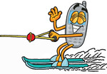 Clip Art Graphic of a Gray Cell Phone Cartoon Character Waving While Water Skiing