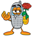 Clip Art Graphic of a Gray Cell Phone Cartoon Character Holding a Red Rose on Valentines Day