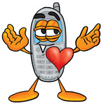 Clip Art Graphic of a Gray Cell Phone Cartoon Character With His Heart Beating Out of His Chest