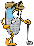 Clip Art Graphic of a Gray Cell Phone Cartoon Character Leaning on a Golf Club While Golfing