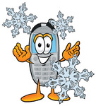 Clip Art Graphic of a Gray Cell Phone Cartoon Character With Three Snowflakes in Winter