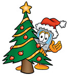 Clip Art Graphic of a Gray Cell Phone Cartoon Character Waving and Standing by a Decorated Christmas Tree