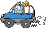 Clip Art Graphic of a Gray Cell Phone Cartoon Character Driving a Blue Car and Waving