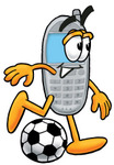 Clip Art Graphic of a Gray Cell Phone Cartoon Character Kicking a Soccer Ball