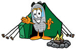 Clip Art Graphic of a Gray Cell Phone Cartoon Character Camping With a Tent and Fire