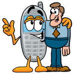 Clip Art Graphic of a Gray Cell Phone Cartoon Character Talking to a Business Man