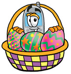 Clip Art Graphic of a Gray Cell Phone Cartoon Character in an Easter Basket Full of Decorated Easter Eggs