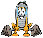 Clip Art Graphic of a Gray Cell Phone Cartoon Character Lifting a Heavy Barbell
