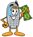 Clip Art Graphic of a Gray Cell Phone Cartoon Character Holding a Dollar Bill