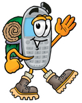 Clip Art Graphic of a Gray Cell Phone Cartoon Character Hiking and Carrying a Backpack