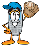 Clip Art Graphic of a Gray Cell Phone Cartoon Character Catching a Baseball With a Glove