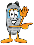 Clip Art Graphic of a Gray Cell Phone Cartoon Character Waving and Pointing