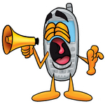 Clip Art Graphic of a Gray Cell Phone Cartoon Character Screaming Into a Megaphone