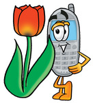 Clip Art Graphic of a Gray Cell Phone Cartoon Character With a Red Tulip Flower in the Spring