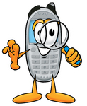 Clip Art Graphic of a Gray Cell Phone Cartoon Character Looking Through a Magnifying Glass