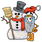 Clip Art Graphic of a Gray Cell Phone Cartoon Character With a Snowman on Christmas