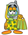 Clip Art Graphic of a Gray Cell Phone Cartoon Character in Green and Yellow Snorkel Gear