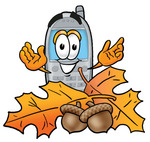 Clip Art Graphic of a Gray Cell Phone Cartoon Character With Autumn Leaves and Acorns in the Fall