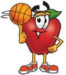 Clip art Graphic of a Red Apple Cartoon Character Spinning a Basketball on His Finger