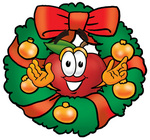 Clip art Graphic of a Red Apple Cartoon Character in the Center of a Christmas Wreath