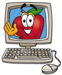 Clip art Graphic of a Red Apple Cartoon Character Waving From Inside a Computer Screen