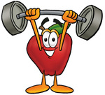 Clip art Graphic of a Red Apple Cartoon Character Holding a Heavy Barbell Above His Head