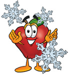Clip art Graphic of a Red Apple Cartoon Character With Three Snowflakes in Winter