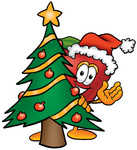 Clip art Graphic of a Red Apple Cartoon Character Waving and Standing by a Decorated Christmas Tree