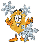 Clip art Graphic of a Gold Law Enforcement Police Badge Cartoon Character With Three Snowflakes in Winter