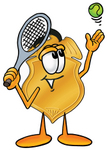 Clip art Graphic of a Gold Law Enforcement Police Badge Cartoon Character Preparing to Hit a Tennis Ball