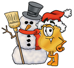 Clip art Graphic of a Gold Law Enforcement Police Badge Cartoon Character With a Snowman on Christmas
