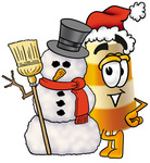 Clip art Graphic of a Construction Road Safety Barrel Cartoon Character With a Snowman on Christmas