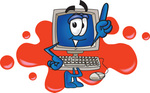 Clip Art Graphic of a Desktop Computer Cartoon Character Logo With Red Paint Splatters