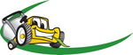 Clip Art Graphic of a Yellow Lawn Mower Mascot Character Facing Forward, Chewing On A Blade Of Grass, With A Green Dash On A Logo