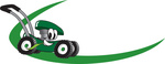 Clip Art Graphic of a Green Lawn Mower Mascot Character Chewing On A Blade Of Grass And Passing By On A Green Dash On A Logo