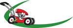 Clip Art Graphic of a Red Lawn Mower Mascot Character Chewing On A Blade Of Grass And Passing By On A Green Dash On A Logo