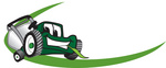 Clip Art Graphic of a Green Lawn Mower Mascot Character Chewing On A Blade Of Grass, With A Green Dash On A Logo