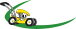 Clip Art Graphic of a Yellow Lawn Mower Mascot Character Chewing On A Blade Of Grass And Passing By On A Green Dash On A Logo