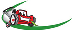 Clip Art Graphic of a Red Lawn Mower Mascot Character Facing Forward, Chewing On A Blade Of Grass, With A Green Dash On A Logo