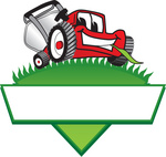 Clip Art Graphic of a Red Lawn Mower Mascot Character Facing Front And Chewing On A Blade Of Grass On Top Of A Grassy Hill In The Shape Of A Triangle With A Blank Label On A Logo