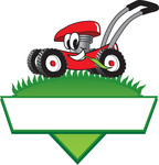 Clip Art Graphic of a Red Lawn Mower Mascot Character In Profile, Glancing As It Speeds Past While Chewing On A Blade Of Grass On Top Of A Grassy Hill In The Shape Of A Triangle With A Blank Label On A Logo