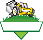 Clip Art Graphic of a Yellow Lawn Mower Mascot Character Facing Front And Chewing On A Blade Of Grass On Top Of A Grassy Hill In The Shape Of A Triangle With A Blank Label On A Logo