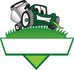 Clip Art Graphic of a Green Lawn Mower Mascot Character Facing Front And Chewing On A Blade Of Grass On Top Of A Grassy Hill In The Shape Of A Triangle With A Blank Label On A Logo