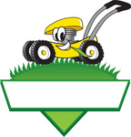 Clip Art Graphic of a Yellow Lawn Mower Mascot Character In Profile, Glancing As It Speeds Past While Chewing On A Blade Of Grass On Top Of A Grassy Hill In The Shape Of A Triangle With A Blank Label On A Logo