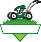 Clip Art Graphic of a Green Lawn Mower Mascot Character In Profile, Glancing As It Speeds Past While Chewing On A Blade Of Grass On Top Of A Grassy Hill In The Shape Of A Triangle With A Blank Label On A Logo