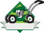 Clip Art Graphic of a Green Lawn Mower Mascot Character in Profile on a White Banner Logo